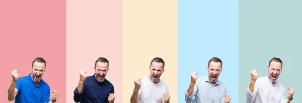 Collage Sénior Beau Homme Sur Fond Isolé Rayures Colorées Très — Photo