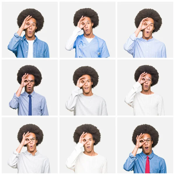 Koláž Mladého Muže Afro Vlasy Bílé Izolované Pozadí Dělá Gesto — Stock fotografie