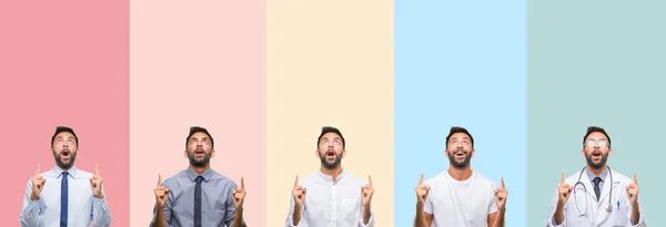 Collage Von Gut Aussehenden Mann Über Bunten Streifen Isolierten Hintergrund — Stockfoto