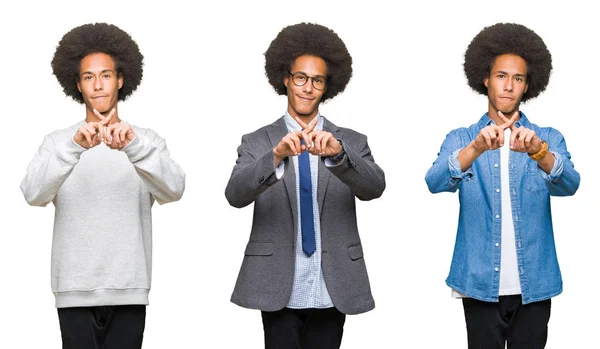 拼贴青年与非洲头发在白色孤立的背景拒绝表达交叉手指做负面符号 — 图库照片