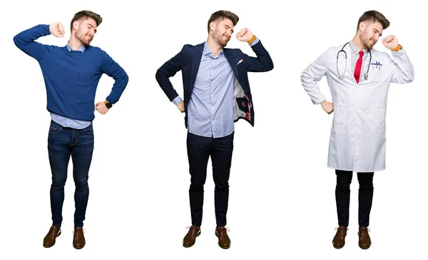 Collage Eines Gut Aussehenden Jungen Professionellen Mannes Vor Weißem Isoliertem — Stockfoto