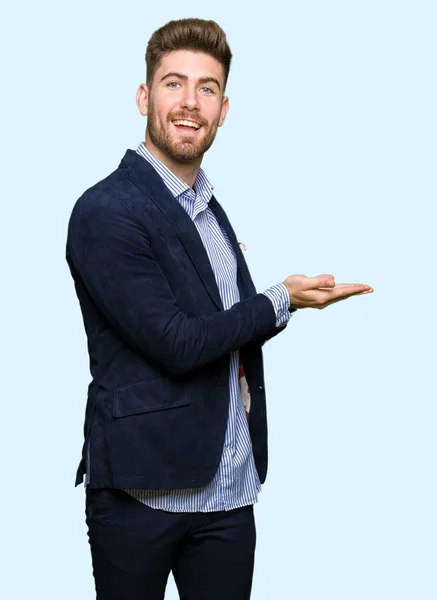 Young Handsome Bussines Man Pointing Side Hand Open Palm Presenting — Stock Photo, Image