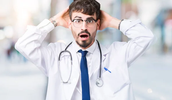 Young Doctor Man Wearing Hospital Coat Isolated Background Crazy Scared — Stock Photo, Image