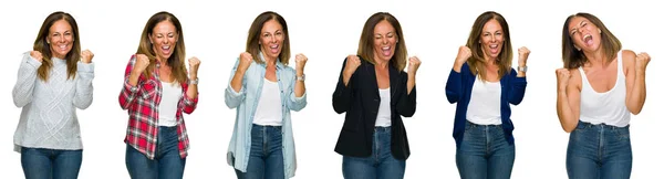 Collage Beautiful Middle Age Woman White Isolated Background Very Happy — Stock Photo, Image