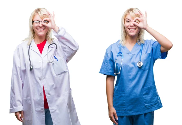 Collage Van Arts Verpleegkundige Vrouw Witte Geïsoleerde Achtergrond Doen Gebaar — Stockfoto