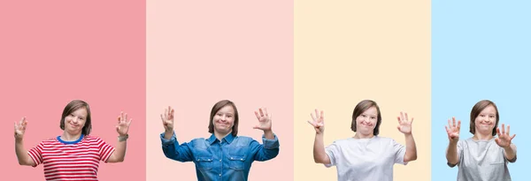 Collage Van Syndroom Vrouw Kleurrijke Strepen Geïsoleerde Achtergrond Tonen Wijzend — Stockfoto
