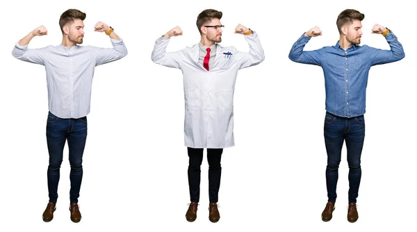Collage Bel Giovane Professionista Sfondo Bianco Isolato Mostrando Muscoli Delle — Foto Stock