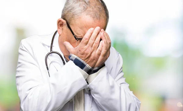 Handsome Senior Doctor Man Wearing Medical Coat Sad Expression Covering — Stock Photo, Image