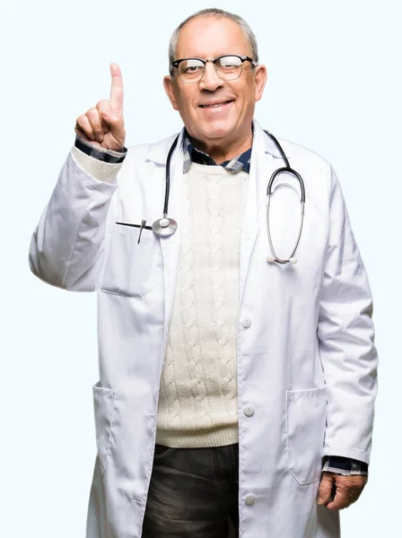 Handsome Senior Doctor Man Wearing Medical Coat Showing Pointing Finger — Stock Photo, Image