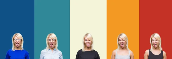 Collage Beautiful Blonde Woman Colorful Vintage Isolated Background Sticking Tongue — Stock Photo, Image