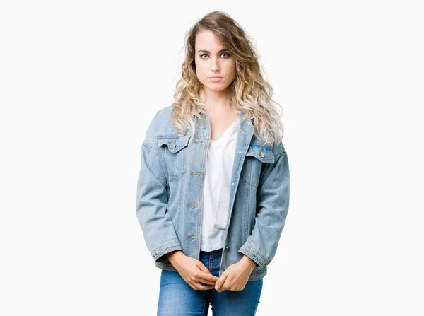 Beautiful Young Blonde Woman Wearing Denim Jacket Isolated Background Relaxed — Stock Photo, Image