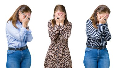Ağlarken elleri ile yüz kapsayan üzgün ifade ile izole arka plan üzerinde güzel orta yaş kadın kolaj. Depresyon kavramı.