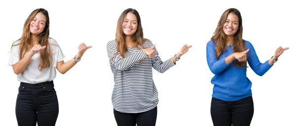 Collage Hermosa Mujer Joven Sobre Fondo Aislado Señalando Hacia Atrás — Foto de Stock