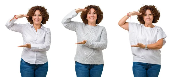 Collage Mujer Negocios Senior Mediana Edad Con Camiseta Blanca Sobre —  Fotos de Stock