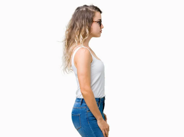 Schöne Junge Blonde Frau Trägt Brille Über Isoliertem Hintergrund Zur — Stockfoto