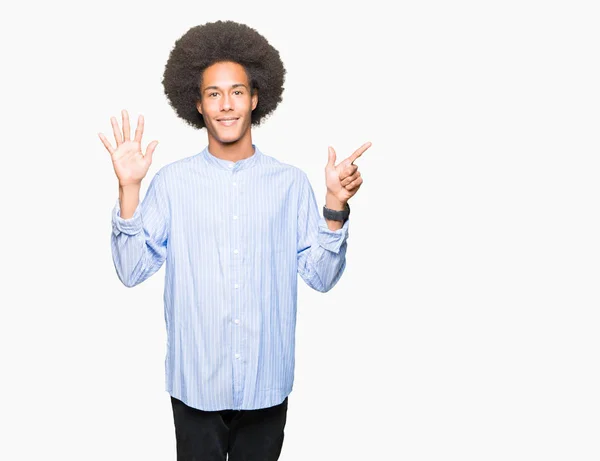 Young African American Man Afro Hair Showing Pointing Fingers Number — Stock Photo, Image