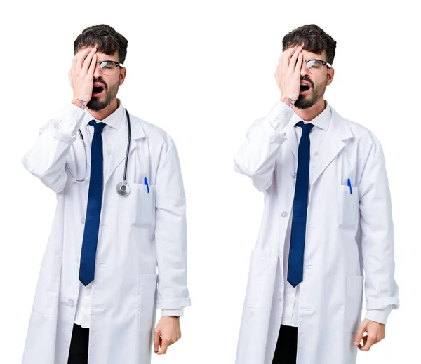 Kolaż Młodego Lekarza Człowiek Nosi Płaszcz Medyczny Ziewanie Zmęczony Obejmujące — Zdjęcie stockowe