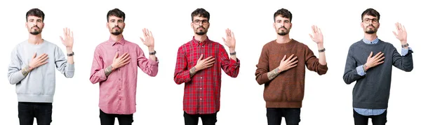 Collage Ung Man Över Isolerade Bakgrund Svordomar Med Handen Bröstet — Stockfoto