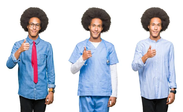 Collage Young Man Afro Hair White Isolated Background Doing Happy — Stock Photo, Image