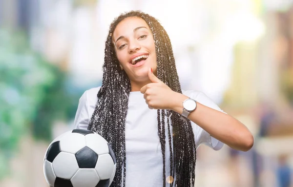 Jovem Trançado Cabelo Afro Americano Menina Segurando Bola Futebol Sobre — Fotografia de Stock