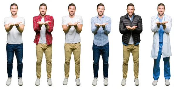 Collage Van Aantrekkelijke Jonge Man Witte Geïsoleerd Background Smiling Met — Stockfoto
