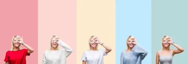 Collage Van Mooie Blonde Vrouw Geïsoleerde Achtergrond Kleurrijke Strepen Doen — Stockfoto