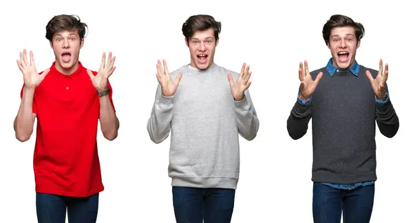 Collage Hombre Joven Sobre Fondo Blanco Aislado Celebrando Loco Sorprendido —  Fotos de Stock