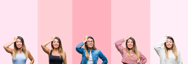 Collage Young Beautiful Woman Pink Stripes Isolated Background Confuse Wonder — Stock Photo, Image