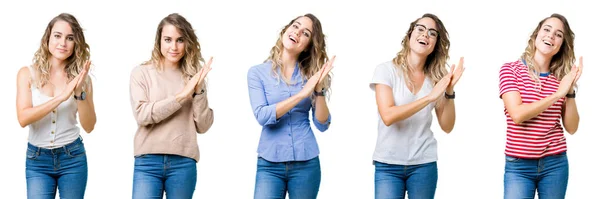 Collage Giovane Bella Ragazza Bionda Sfondo Isolato Applaudendo Applaudendo Felice — Foto Stock