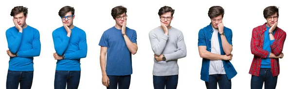 Collage Eines Jungen Mannes Mit Weißem Isoliertem Hintergrund Der Müde — Stockfoto