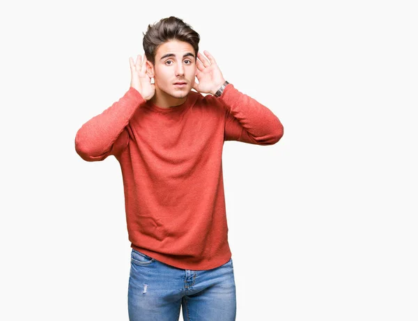 Mladý Pohledný Muž Izolované Pozadí Snaží Slyšet Obě Ruce Ucho — Stock fotografie