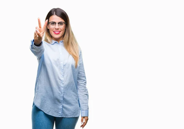 Joven Mujer Negocios Hermosa Con Gafas Sobre Fondo Aislado Mostrando —  Fotos de Stock