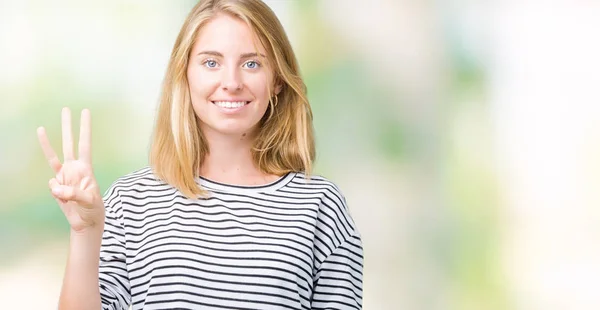 Beautiful Young Woman Wearing Stripes Sweater Isolated Background Showing Pointing — Stock Photo, Image