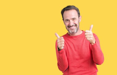 El ile pozitif jest yapıyor izole arka plan başarı işareti üzerinde kış kazak giymiş yakışıklı orta yaş ağarmış komuta sizde başparmak gülümseyen ve mutlu. Neşeli bir ifadeyle, kazanan jest kameraya bakıyor.