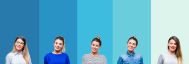 Yüz üzerinde mutlu ve serin bir gülümseme ile mavi çizgili izole arka plan üzerinde genç güzel kadın kolaj. Şanslı kişi.