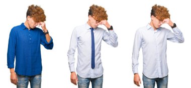 Izole beyaz arka plan yorgun sürtünme burun ve gözler yorgunluk ve baş ağrısı hissi üzerinde gözlük takan kıvırcık saçlı genç bussines adam Kolaj. Stres ve hayal kırıklığı kavramı.