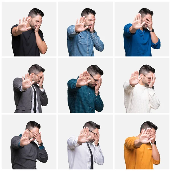 Collage Handsome Man Isolated Background Covering Eyes Hands Doing Stop — Stock Photo, Image