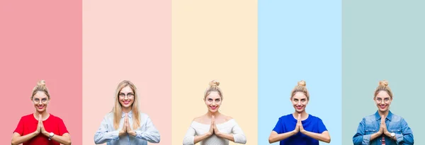 Collage Vacker Blond Kvinna Över Färgglada Ränder Isolerade Bakgrund Ber — Stockfoto