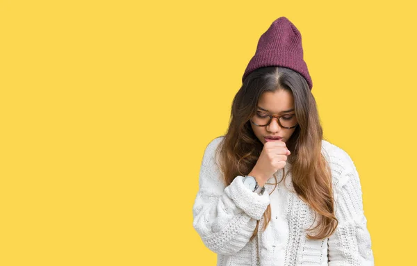 Jeune Belle Femme Brune Hipster Portant Des Lunettes Chapeau Hiver — Photo