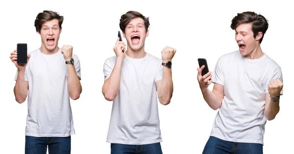 Collage Ung Man Som Använder Smartphone Över Vit Isolerad Bakgrund — Stockfoto