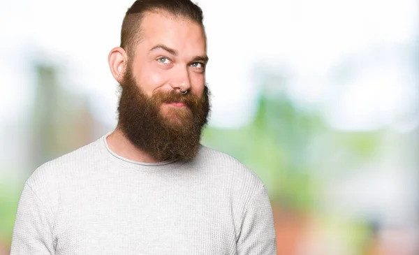 Young Blond Man Wearing Casual Sweater Smiling Looking Side Staring — Stock Photo, Image