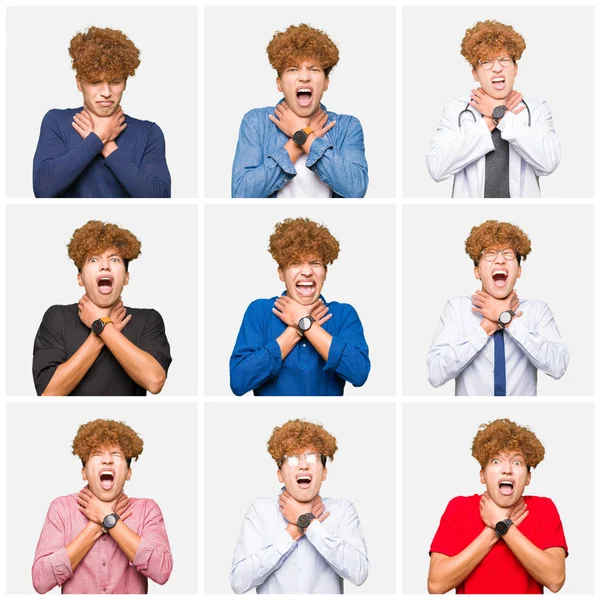 Collage Young Man Wearing Different Looks Isolated White Background Shouting — Stock Photo, Image