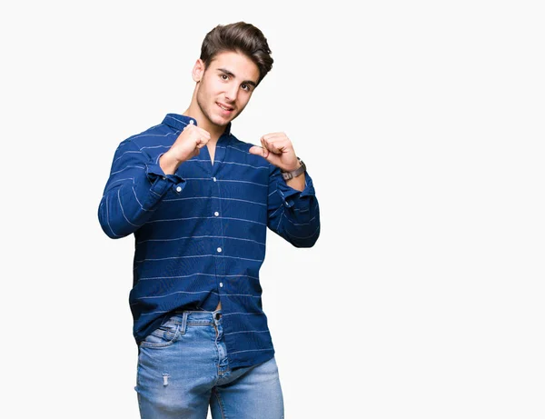 Giovane Bell Uomo Che Indossa Camicia Blu Scuro Sfondo Isolato — Foto Stock