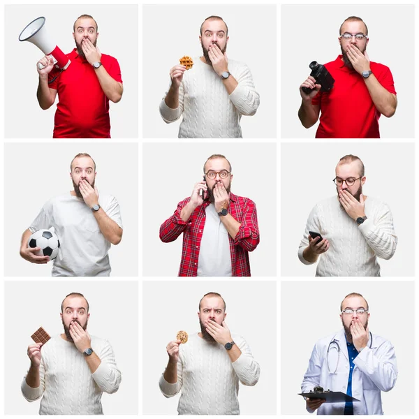 Collage Van Jonge Man Eten Dokter Met Behulp Van Smartphone — Stockfoto