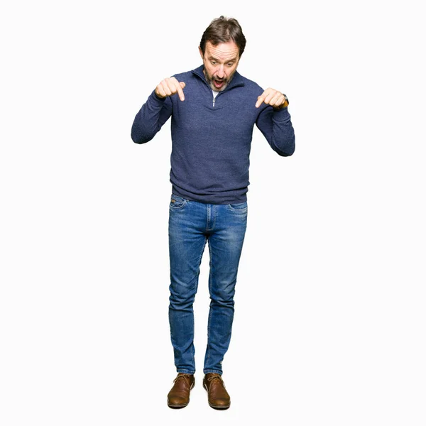 Middle Age Handsome Man Wearing Sweater Pointing Fingers Showing Advertisement — Stock Photo, Image