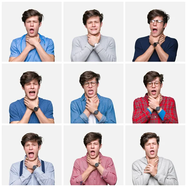 Collage Hombre Joven Sobre Fondo Blanco Aislado Gritando Sofocándose Porque —  Fotos de Stock