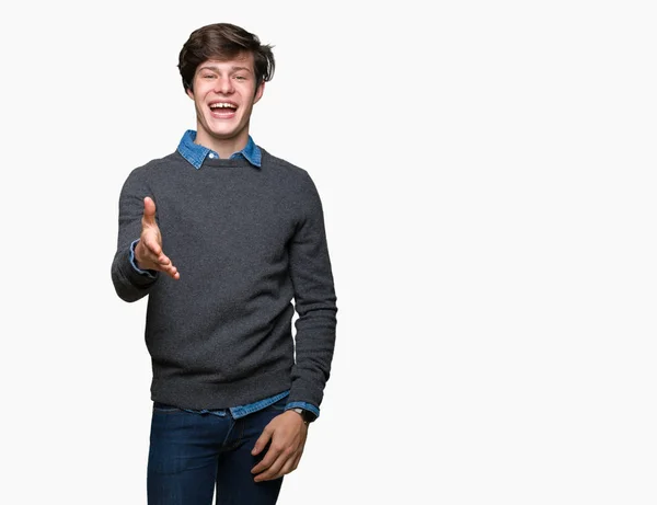 Jovem Bonito Homem Elegante Sobre Fundo Isolado Sorrindo Amigável Oferecendo — Fotografia de Stock