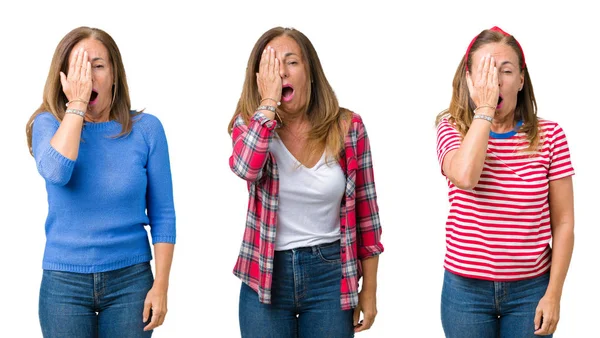 Collage Hermosa Mujer Mediana Edad Sobre Fondo Aislado Bostezando Cansado — Foto de Stock