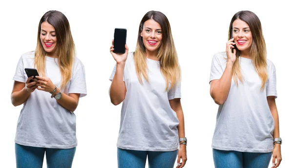 Collage Jeune Belle Femme Utilisant Smartphone Sur Fond Isolé Avec — Photo