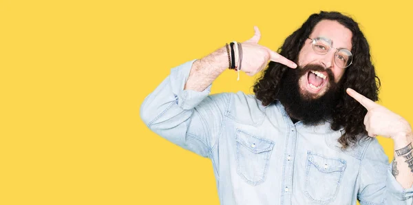 Young Hipster Man Long Hair Beard Wearing Glasses Smiling Confident — Stock Photo, Image